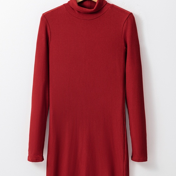 CLEARANCE 1 LEFT!! Racing Red Ribbed Knit Long Sleeve High Neck Mini Dress - Picture 7 of 13